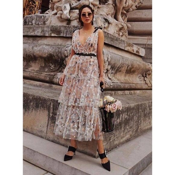 💕SELF-PORTRAIT💕 Star Mesh Embroidered Midi Dress ~ US 4 - Picture 6 of 16